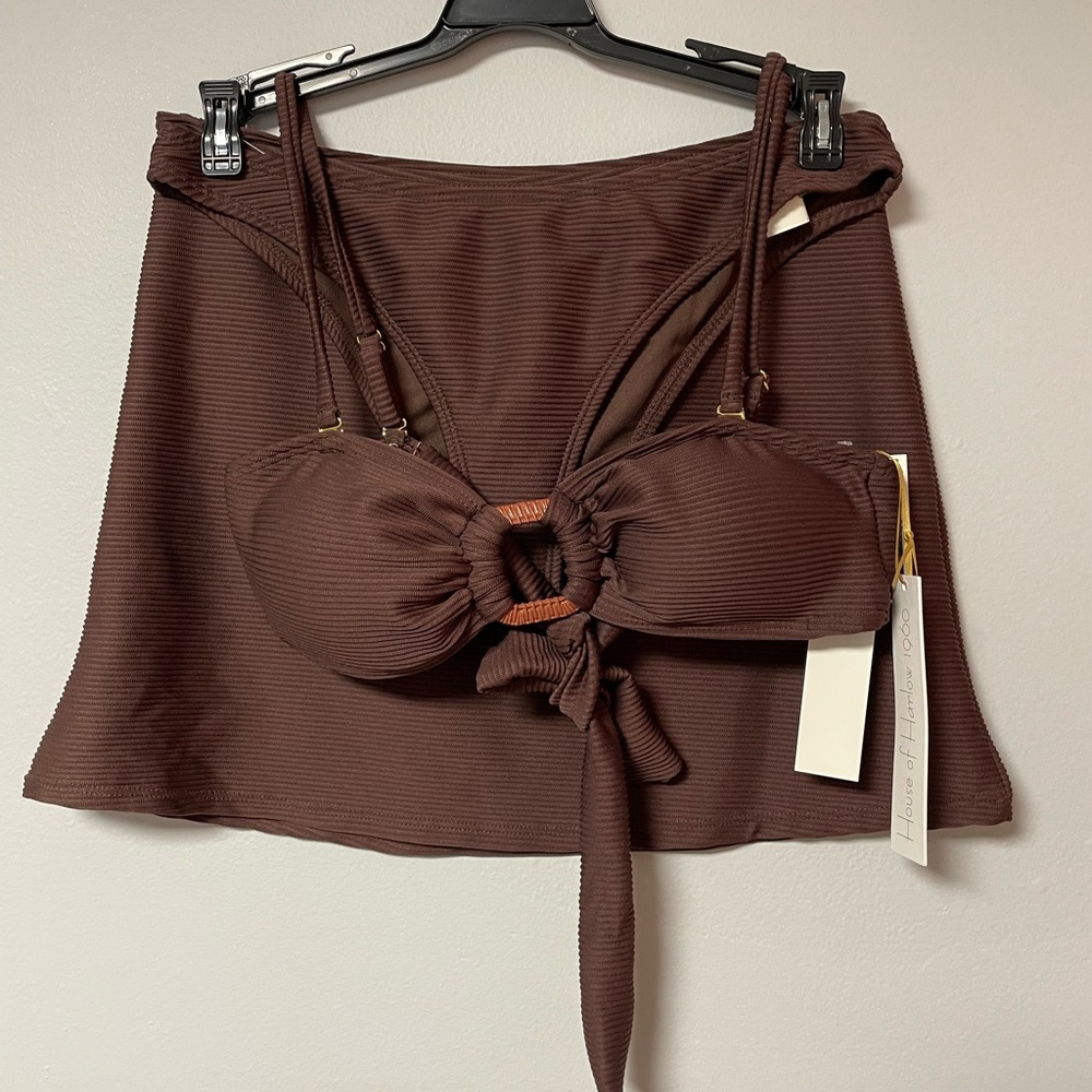 House of Harlow 1960 Brown Ribbed Bikini Top with Skirt Cover